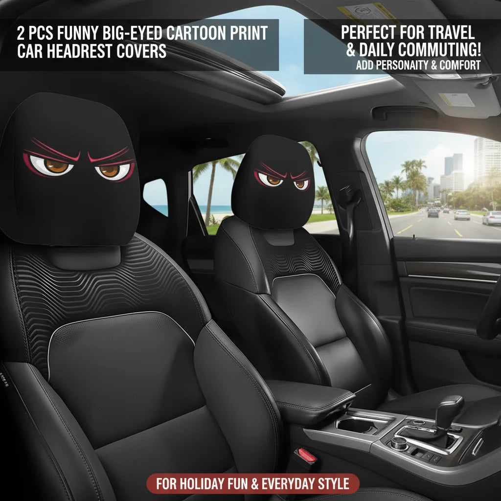 2PCS Cute Big-Eyed Cartoon Car Headrest Covers Universal Fit for Cars