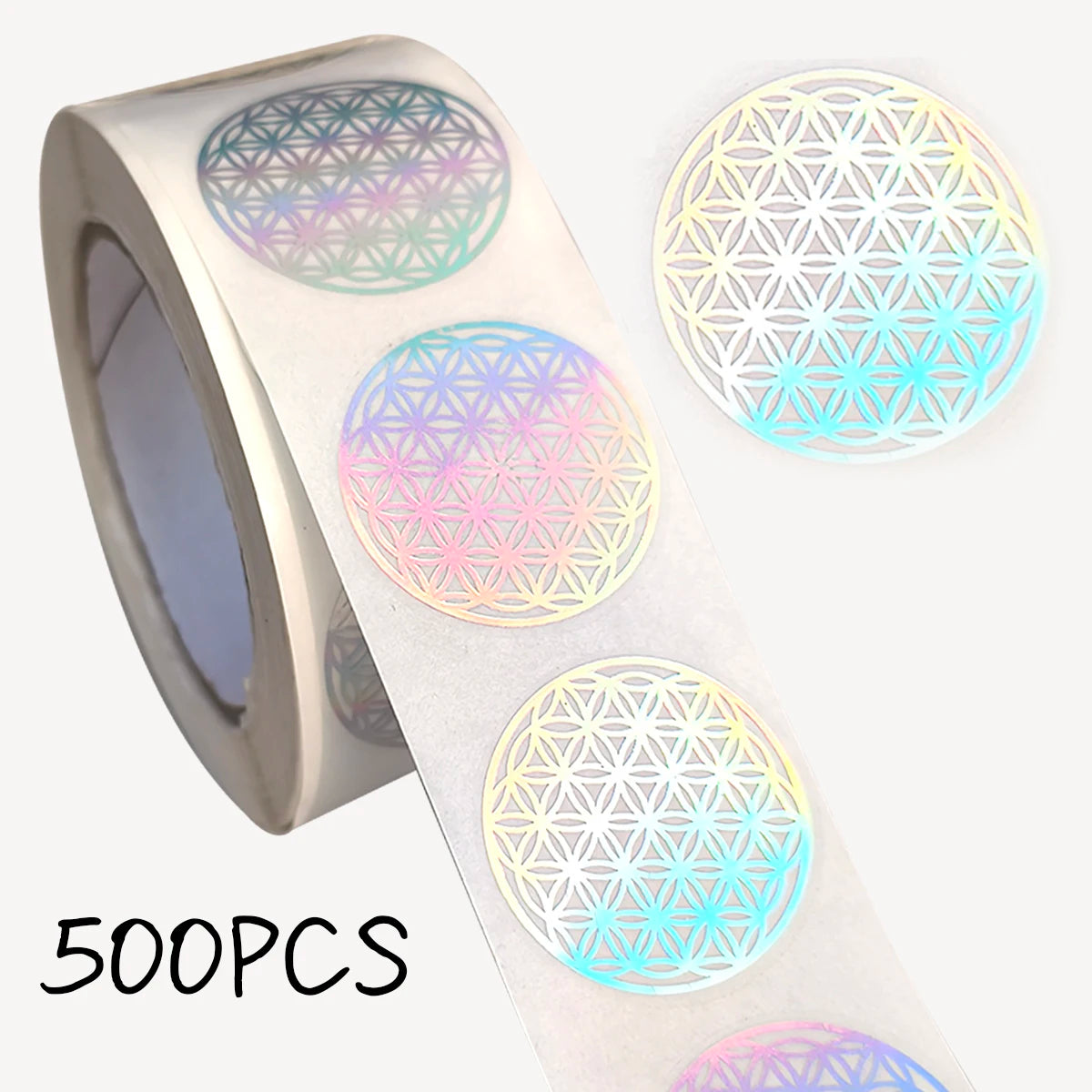 500 Pcs Flower of Life Stickers Roll, Holographic Round Sealing Labels