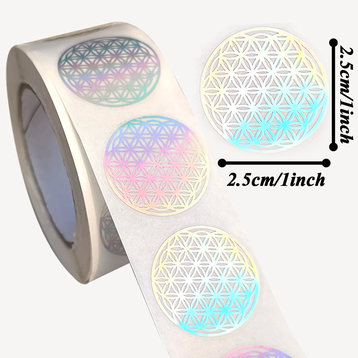 500 Pcs Flower of Life Stickers Roll, Holographic Round Sealing Labels