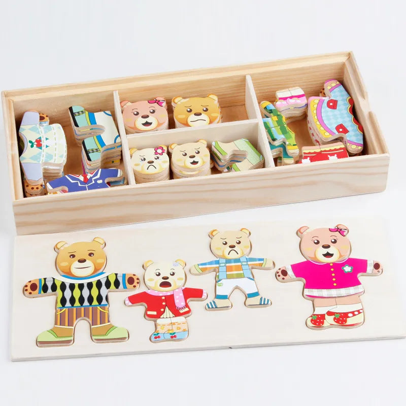 QWZ Little Bear Change Clothes Children's Early Education Wooden