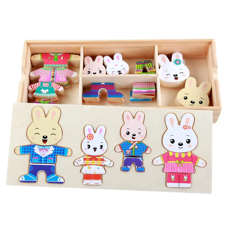 QWZ Little Bear Change Clothes Children's Early Education Wooden