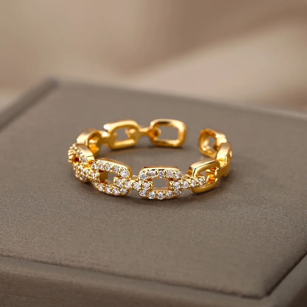 Classic Zircon Twist Chain Rings For Women Stainless Steel  Elegant