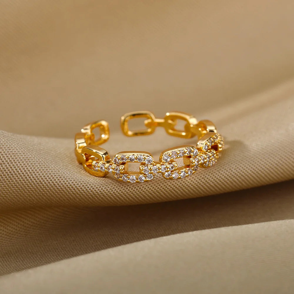 Classic Zircon Twist Chain Rings For Women Stainless Steel  Elegant