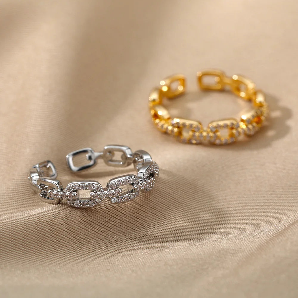 Classic Zircon Twist Chain Rings For Women Stainless Steel  Elegant