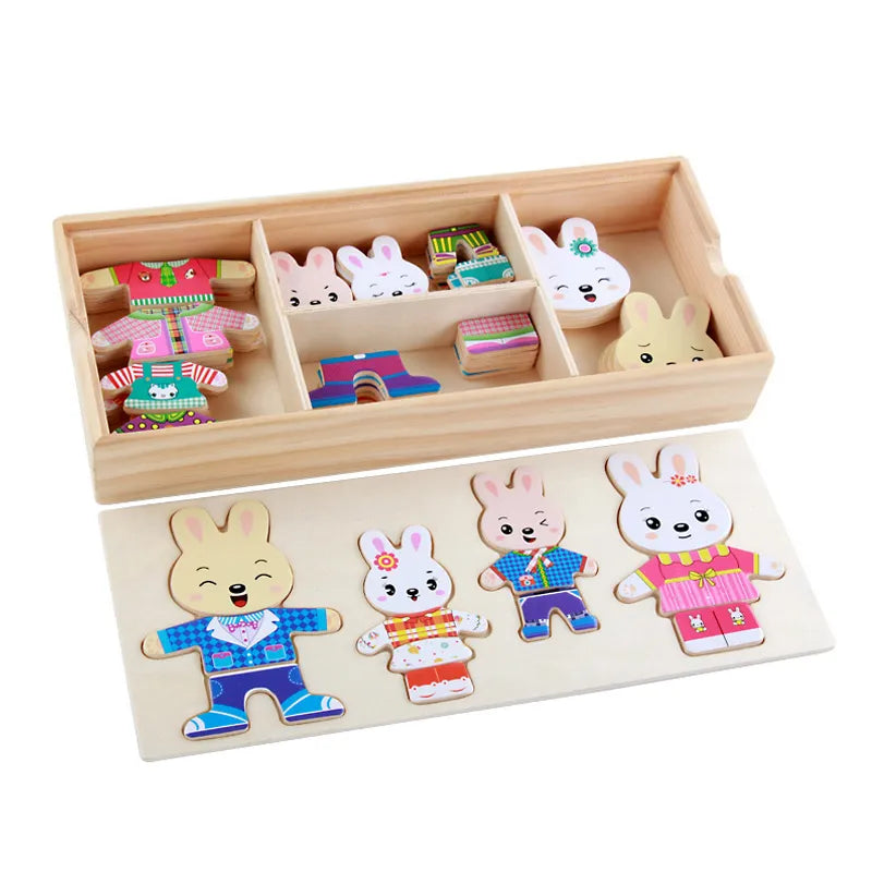QWZ Little Bear Change Clothes Children's Early Education Wooden