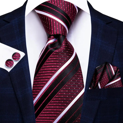 Black Red Striped Silk Wedding Tie For Men Handky Cufflink Gift Men