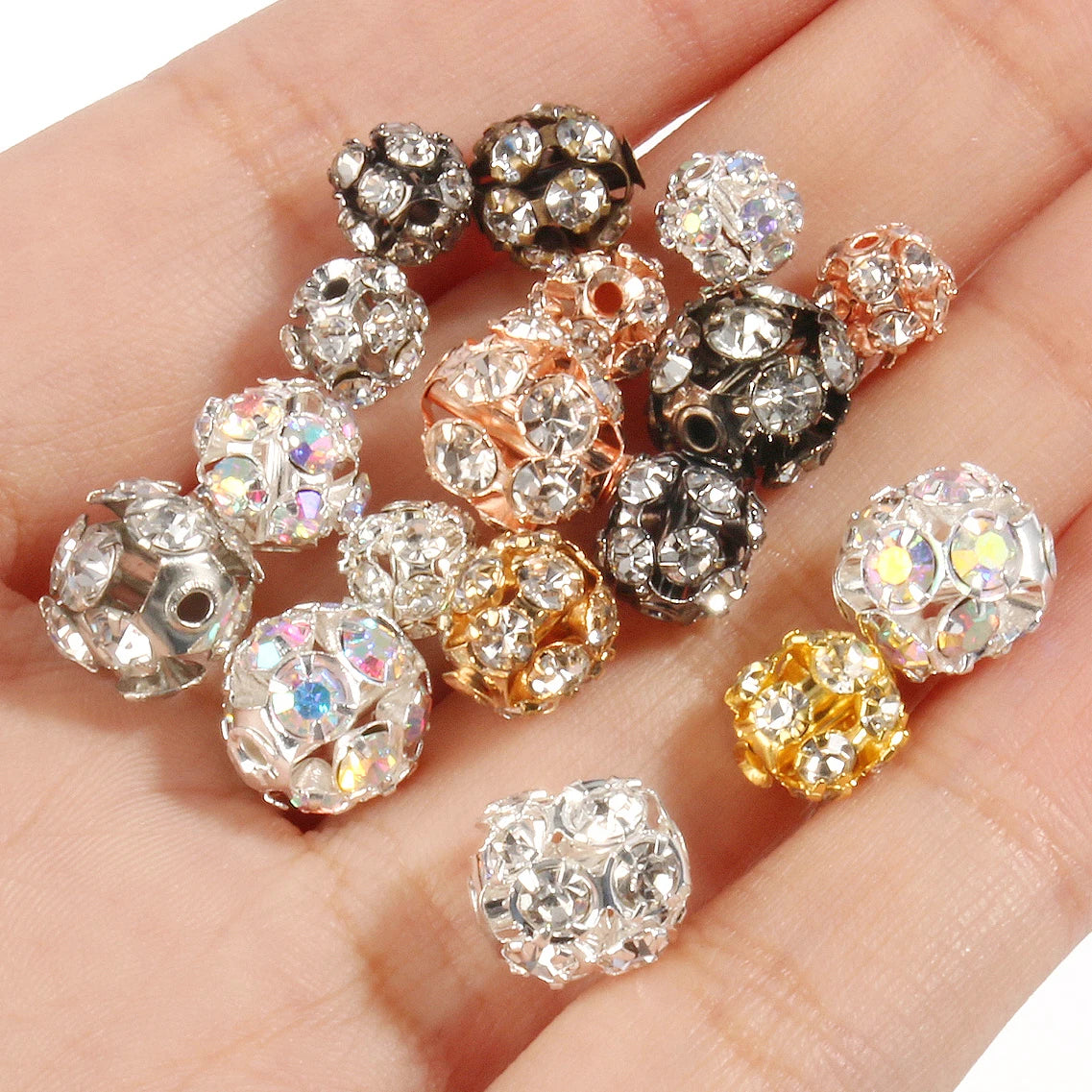 50pcs 6/8/10mm AB Color Metal Crystal Beads Rhinestone Ball Shape