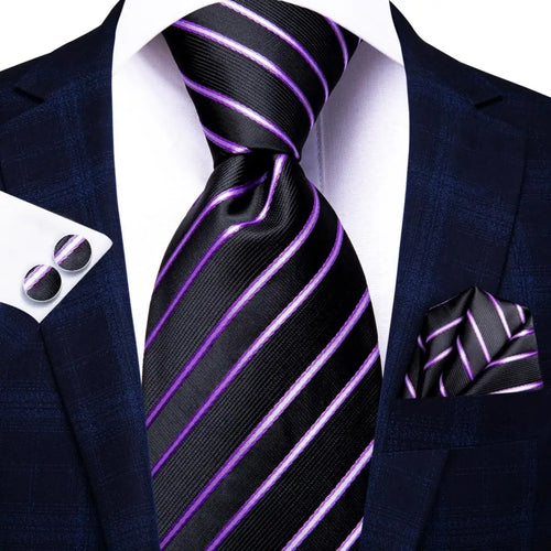 Black Red Striped Silk Wedding Tie For Men Handky Cufflink Gift Men
