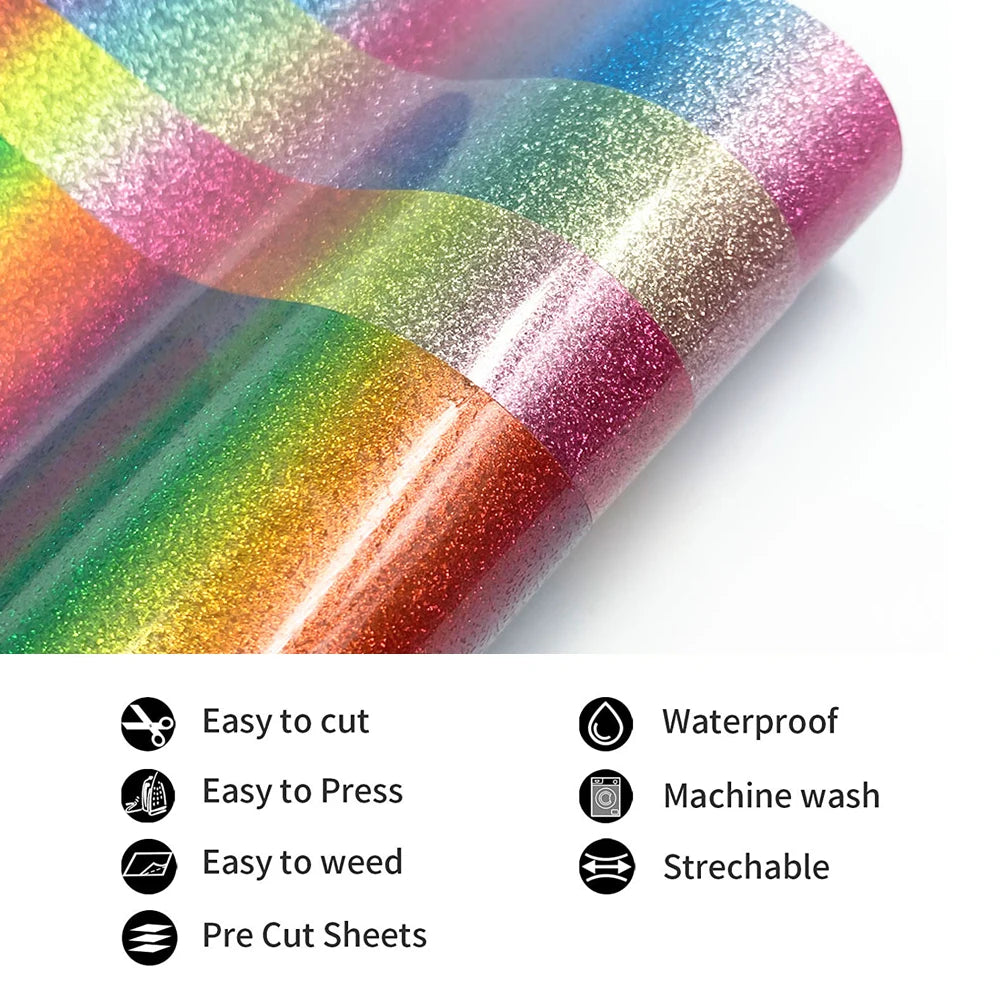 Heat Transfer Vinyl HTV Craft Rainbow Glitter Iron-on Transfer Garment