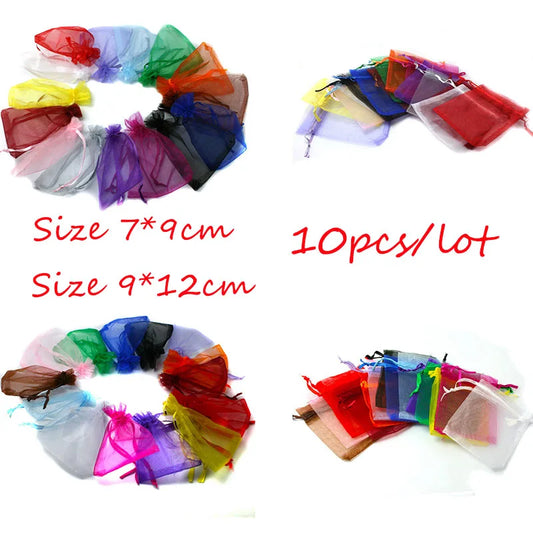 Top Sale 10pcs 7x9/9x12cm Drawstring Organza Jewelry Packaging Display