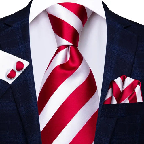Black Red Striped Silk Wedding Tie For Men Handky Cufflink Gift Men
