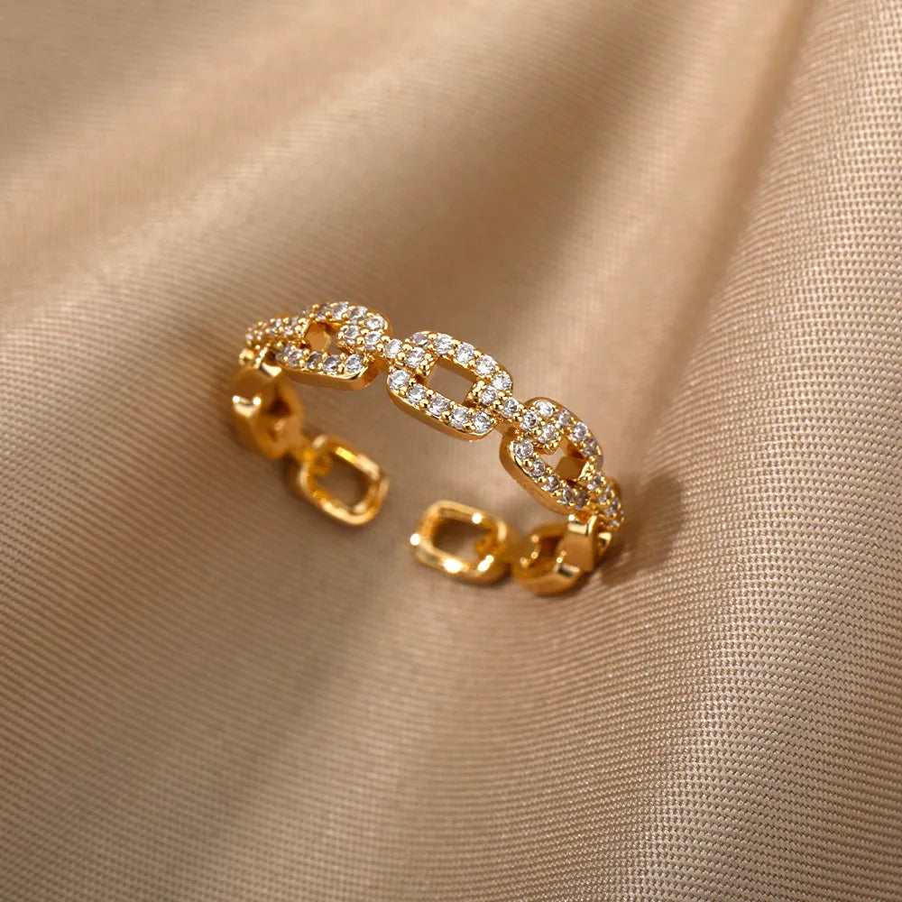 Classic Zircon Twist Chain Rings For Women Stainless Steel  Elegant