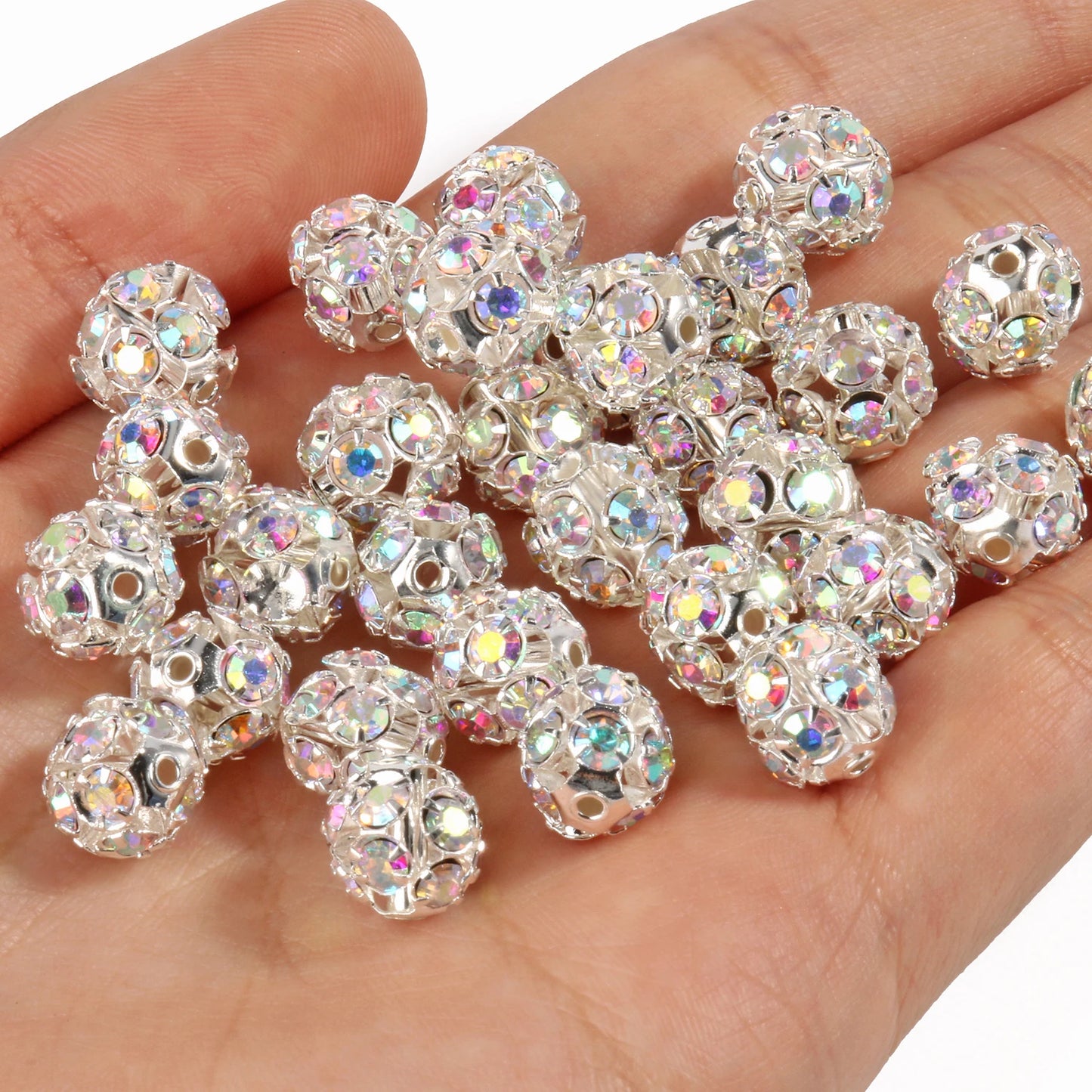50pcs 6/8/10mm AB Color Metal Crystal Beads Rhinestone Ball Shape