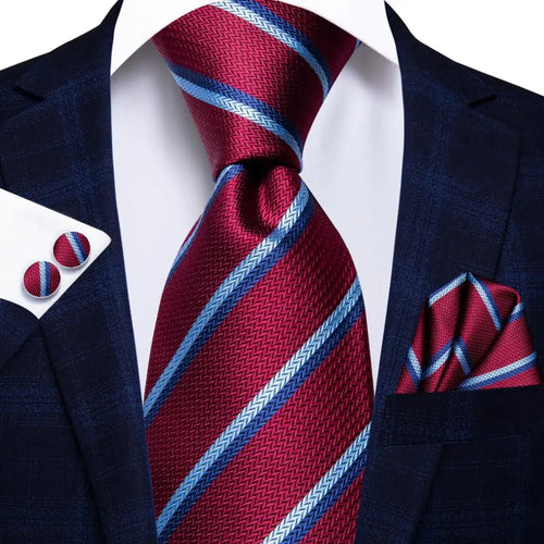 Black Red Striped Silk Wedding Tie For Men Handky Cufflink Gift Men