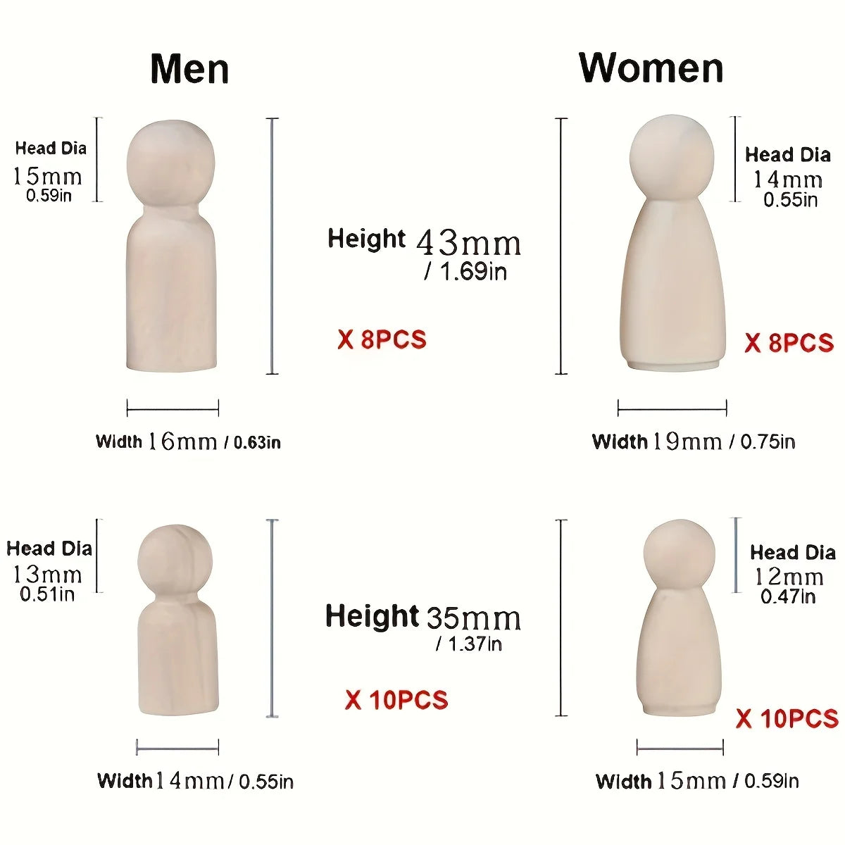 50 Pack Unfinished Wooden Peg Dolls, Peg People, Doll Bodies, Wooden