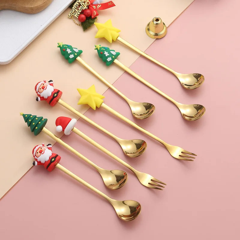 (2/4/6pc) Christmas Spoon and Fork Set Stainless Steel Creative