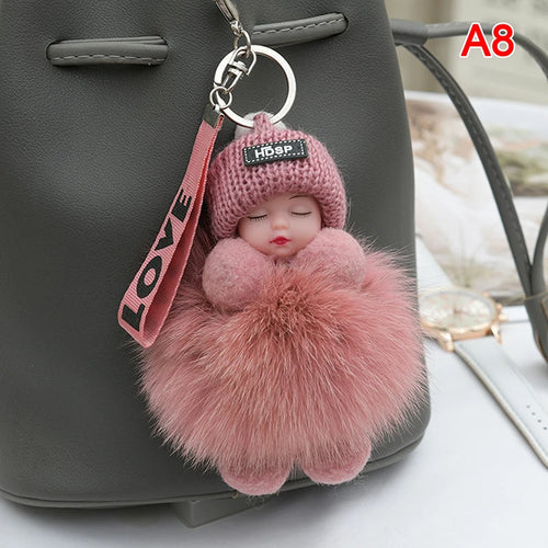 Pompom Sleeping Baby Keychain Cute Fluffy Plush Doll Keyholder Women