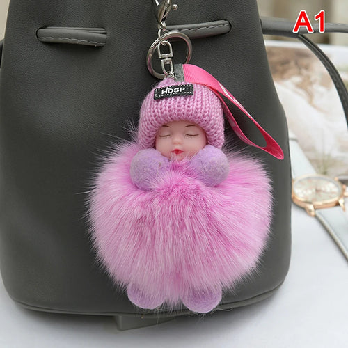 Pompom Sleeping Baby Keychain Cute Fluffy Plush Doll Keyholder Women