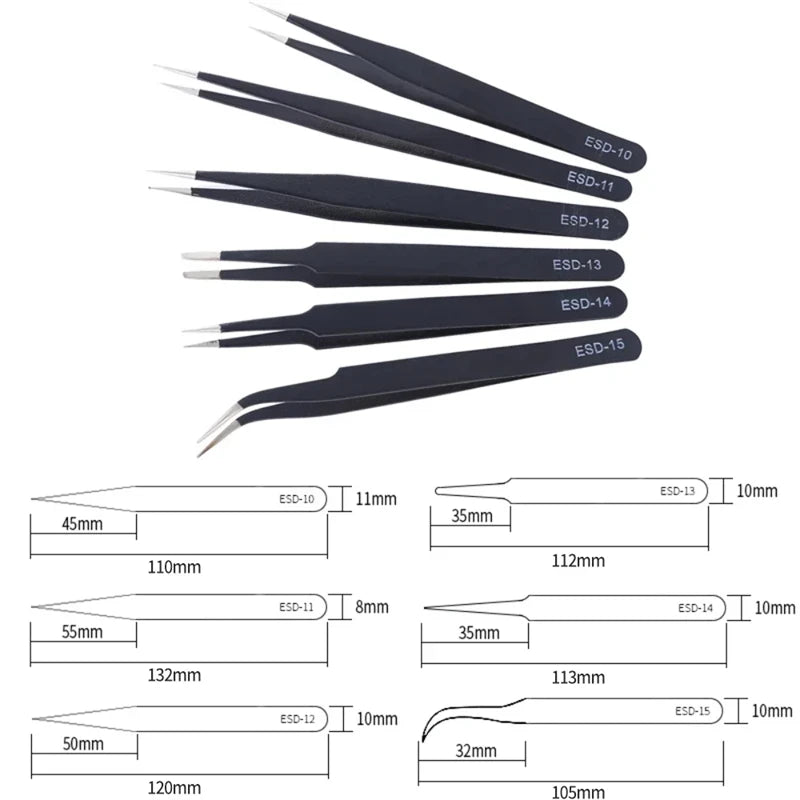 6PCS Precision Tweezers Set Stainless Steel Curved of Tweezers for