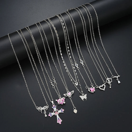 9 Pcs Women's Elegant Zircon Pendants Necklace Set Fashion Pink Color
