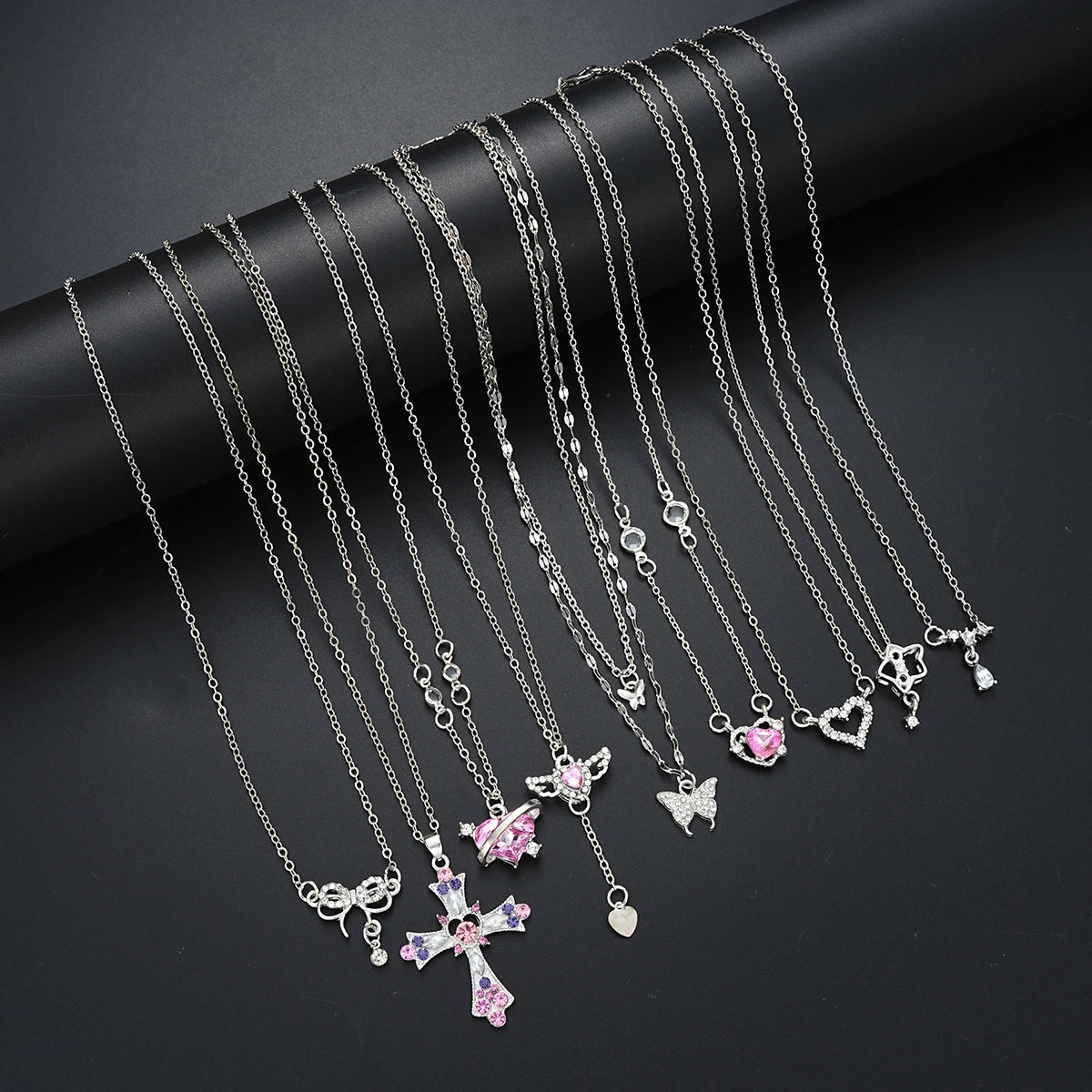 9 Pcs Women's Elegant Zircon Pendants Necklace Set Fashion Pink Color
