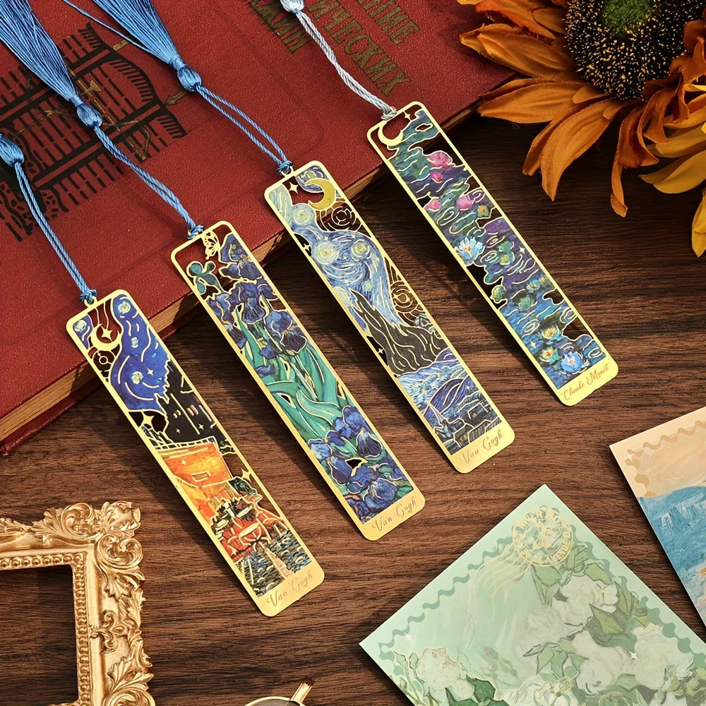 Vintage Oil Painting Metal Bookmarks - Hollow Hot Stamping Long Tassel