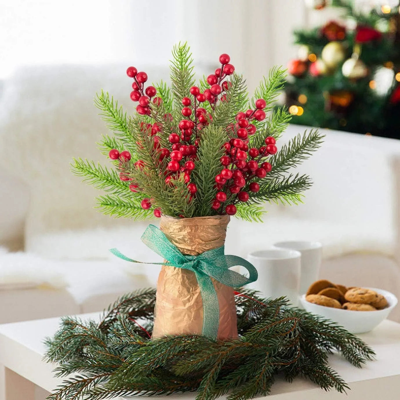 10Pcs Christmas Decoration Artificial Pine Branches Holly Berries Red