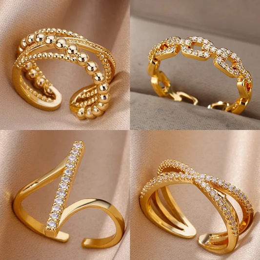 Zircon Geometric Rings For Women Gold Color Stainless Steel Opening