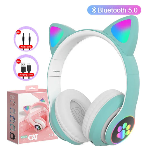 Flash Lamp Cute Cat Ears Headphone Bluetooth5.0 Stereo With Mic