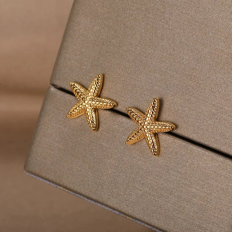 Vintage Summer Starfish Stainless Steel Stud Earrings For Women Simple