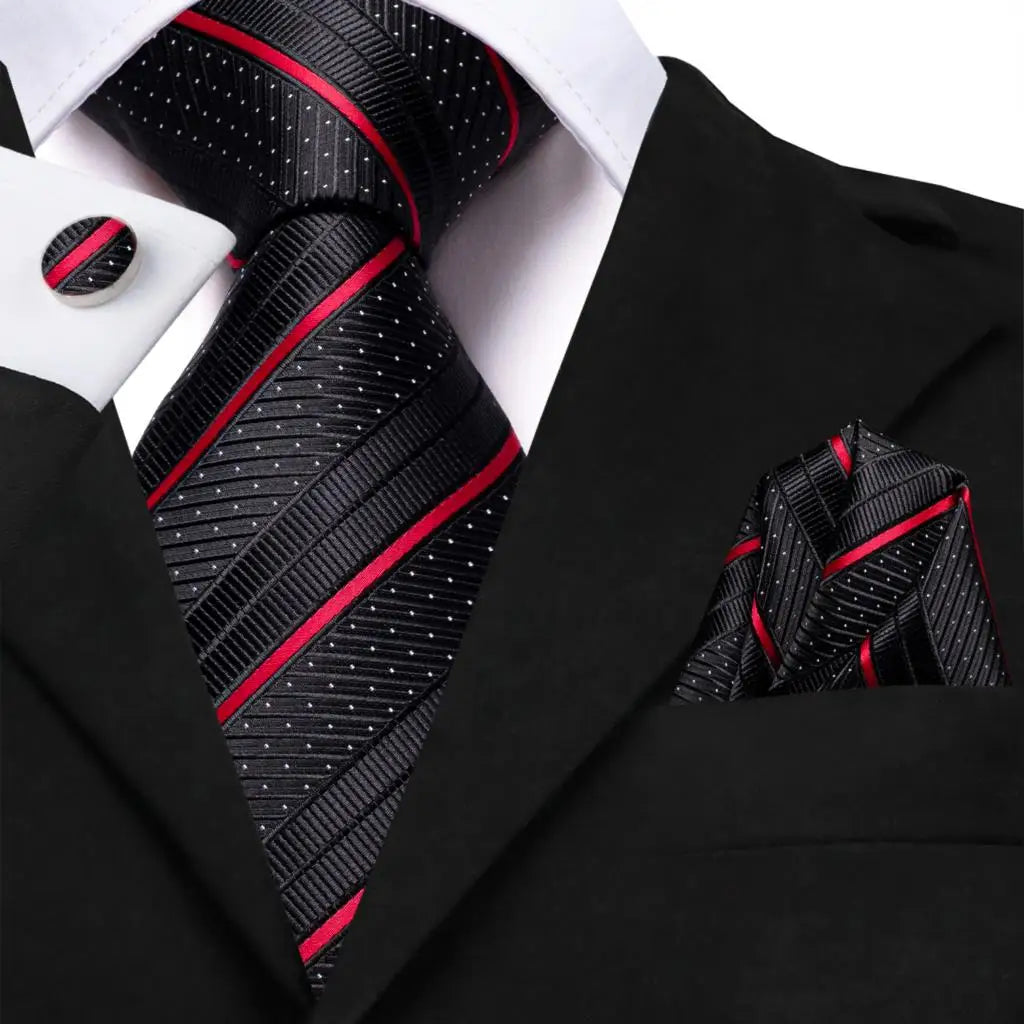 Black Red Striped Silk Wedding Tie For Men Handky Cufflink Gift Men