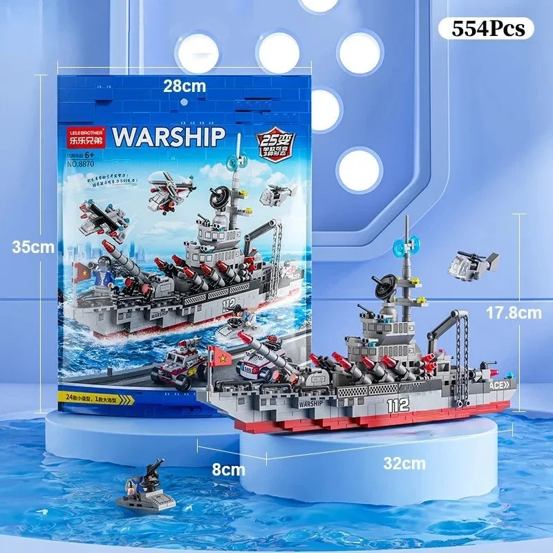 1560pcs 6 IN 1 Military Navy Ship Sets Building Blocks War Army Boat