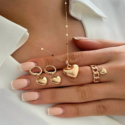 4Pcs/Set Vintage Love Heart Pendant Necklace Ring Hoop Earring for