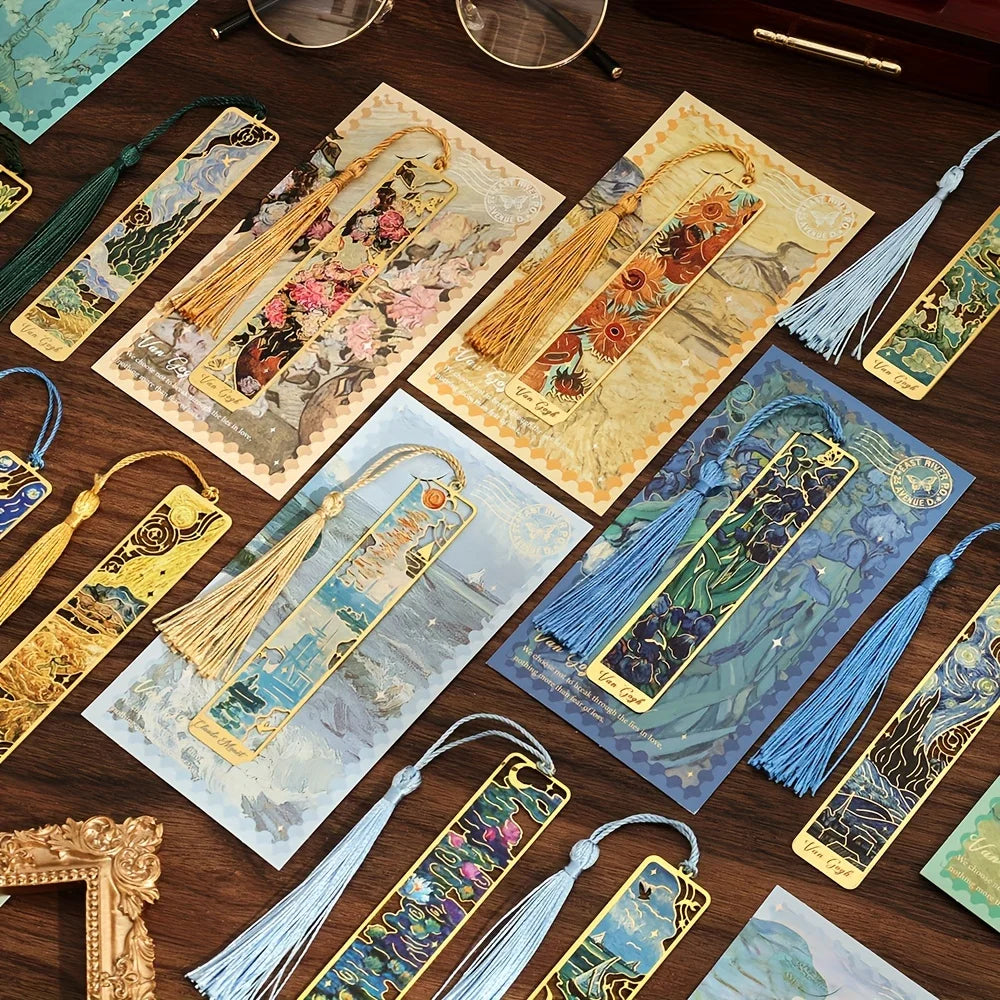 Vintage Oil Painting Metal Bookmarks - Hollow Hot Stamping Long Tassel