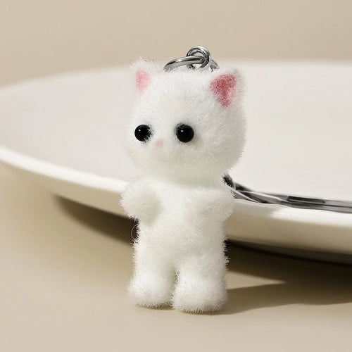 3D Cartoon Flocking Cat Keychain Kawaii Cat Key Ring Animal Key Chains