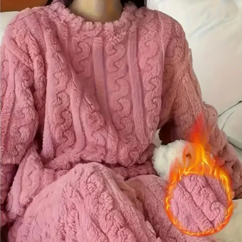Soft Coral Velvet Jacquard Warm Pajama Set for Women Cozy Loungewear