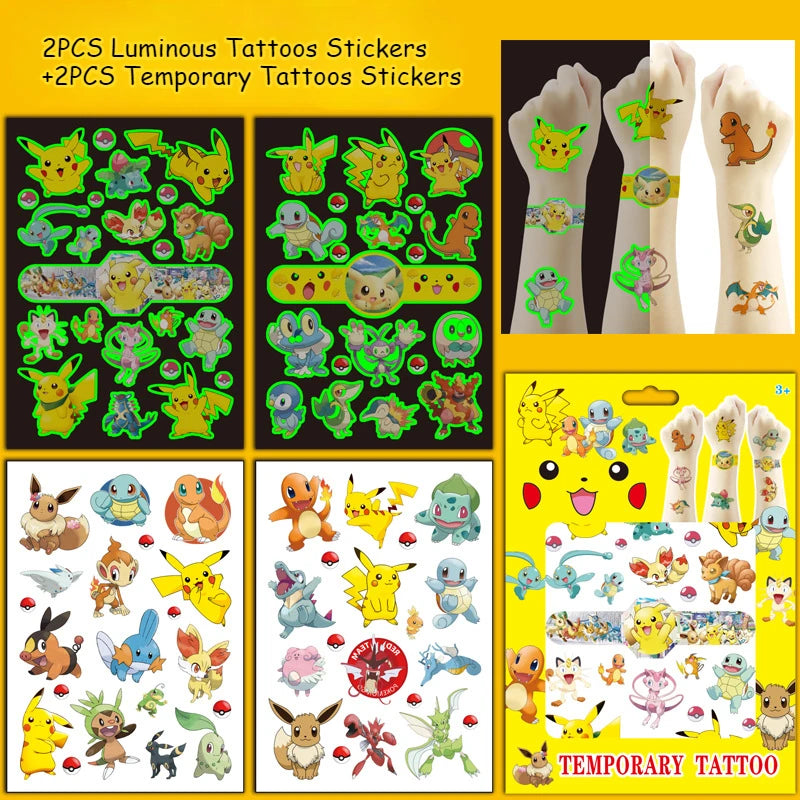 4Sheets Pokemon Luminous Tattoos for Kids Pikachu Temporary Tattoos