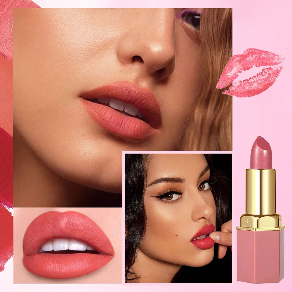 6 Colors Gold Bar Tube Lipstick Matte Texture Pearlescent Glitter