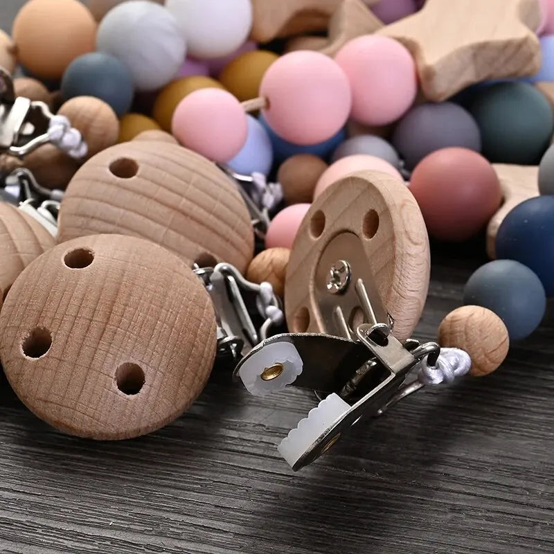 New Baby Pacifier Chain Clips Wood Pentagram Teether Silicone Round