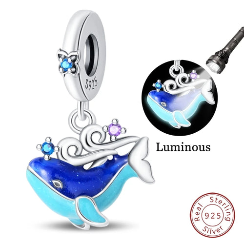 Fit Original 925 Sterling Silver Charms Beads Blue Luminous Whale