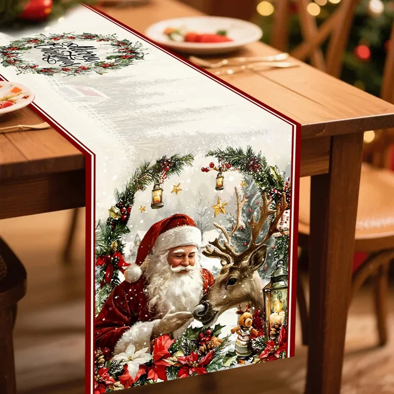 Vintage Christmas Table Runner Retro Santa Claus Table Cover Christmas