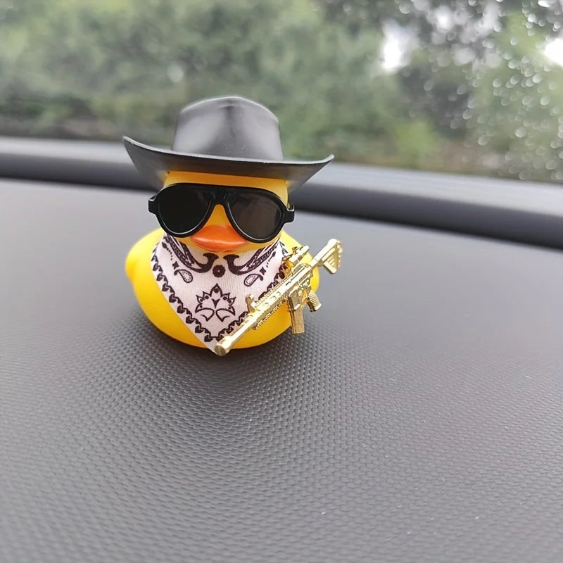 1PC Cute Black Cowboy Hat and Rifle Decor Little Yellow Duck Car