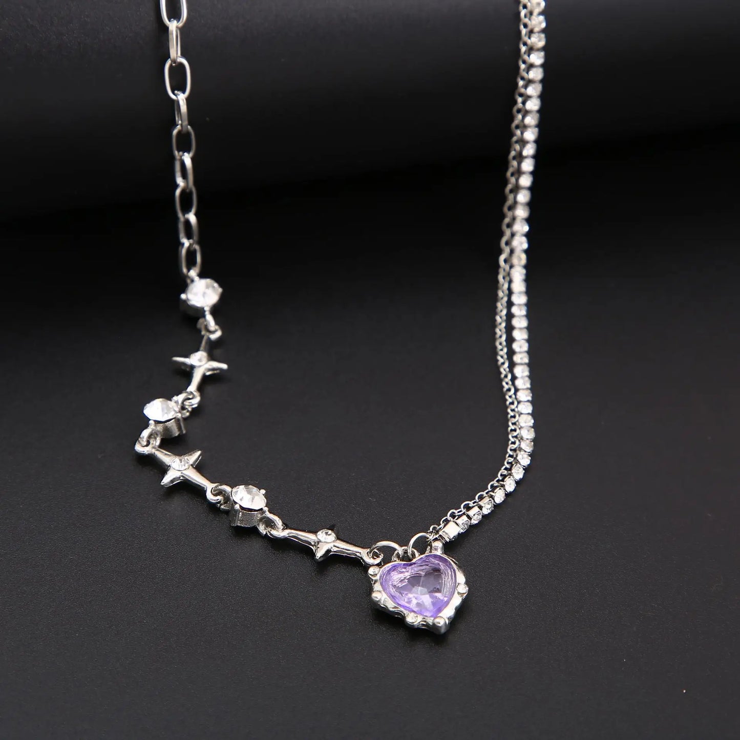 Y2K Purple Crystal Heart Pendant Necklace Women Sweet Cool Girl Punk