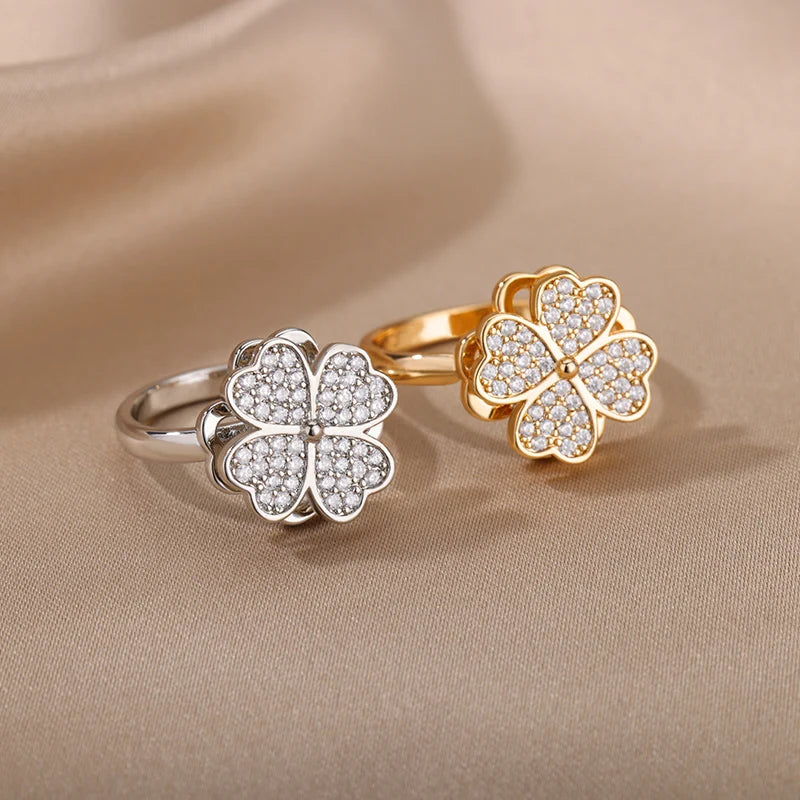 Spinner Zircon Heart Four Leaf Clover Rings For Women Stainless Steel