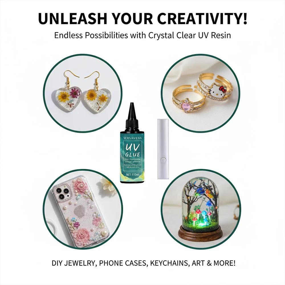 SERVAVEXA UV Resin with Light 110ml, Clear Hard Type UV Glue Bubble