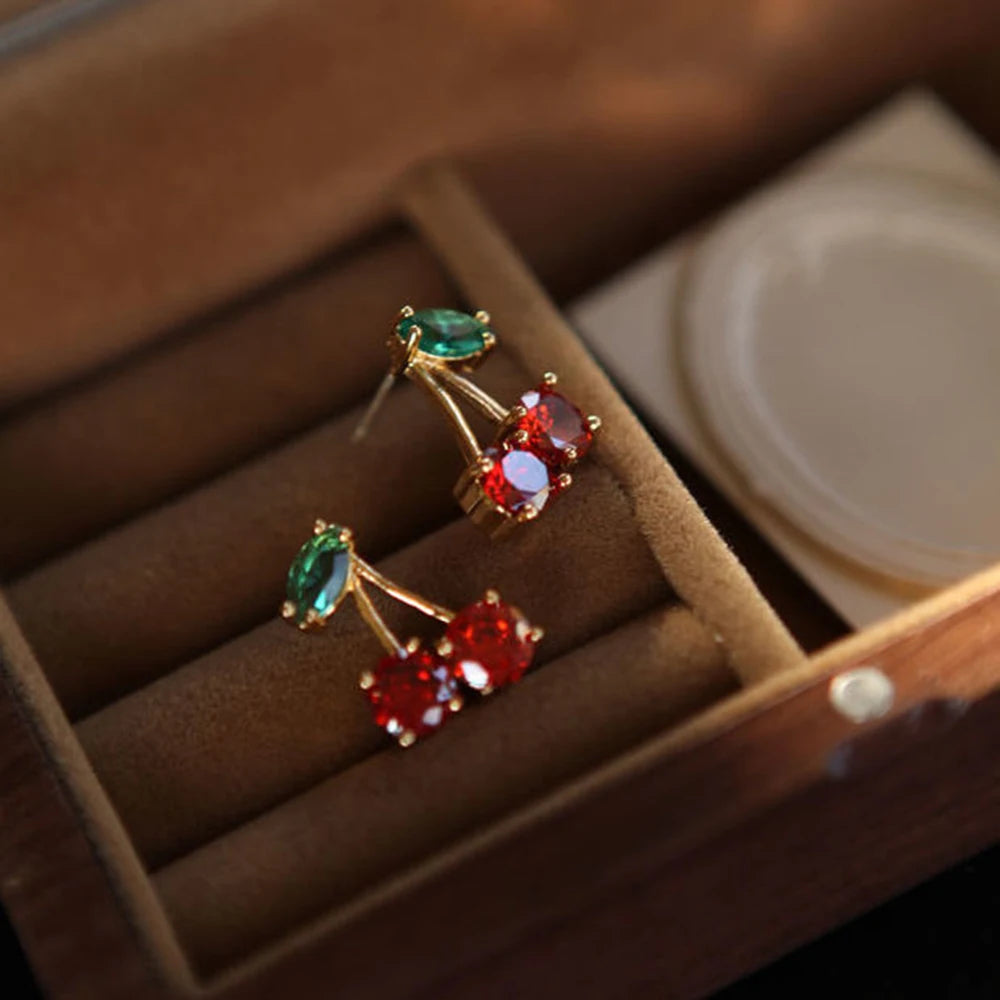 2024 Red Zircon Cherry Leaf Stud Earrings Women Piercing Jewelry For