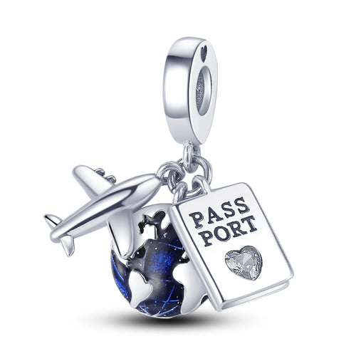 925 Silver Travel Airplane Passport Charms Beads Pendants Fit Original