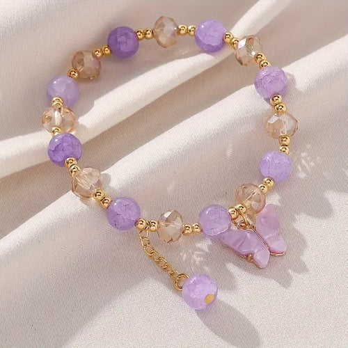 Purple Butterfly Charm Beaded Stretch Bracelet For Women Multi Color