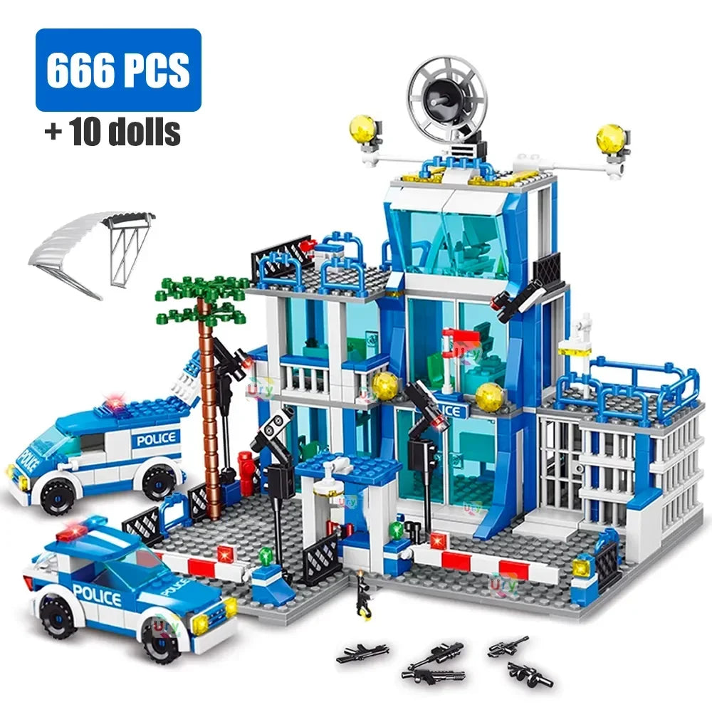 City police station building block group boy DIY car brick police