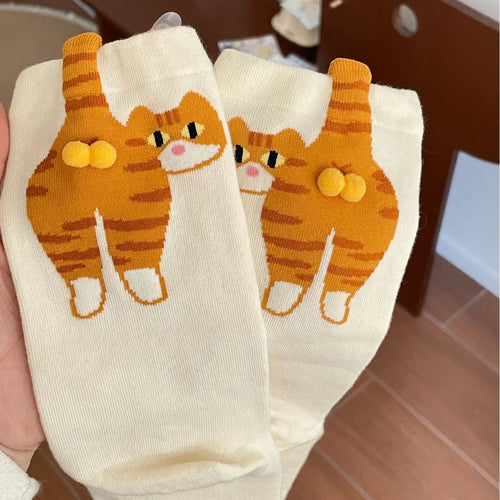 1pair Women's Korean - Inspired Mid - Tube Socks, Adorable Cat Print